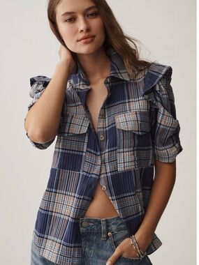 Anthropologie Ozzi button down plaid shirt, size large, blue